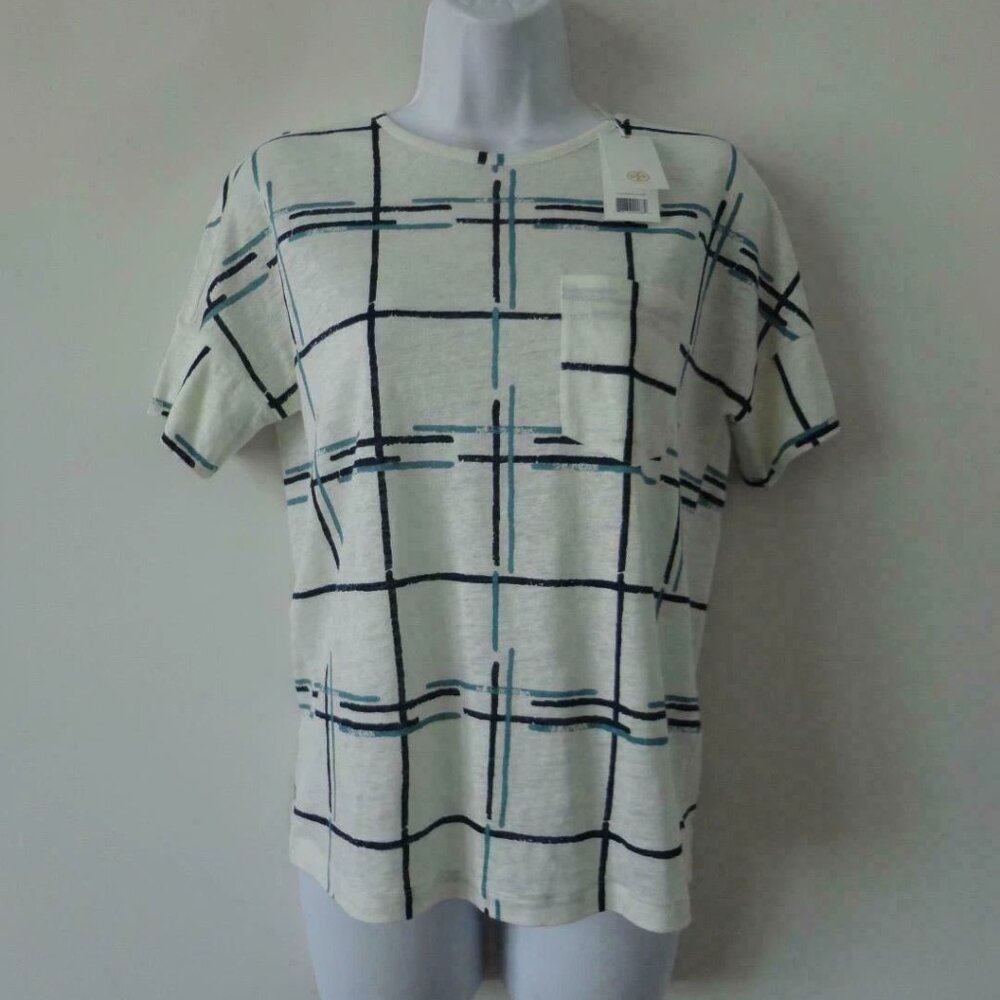 NWT TORY BURCH White Multi Linen Grid Print Pocket Tee Top Top XS
